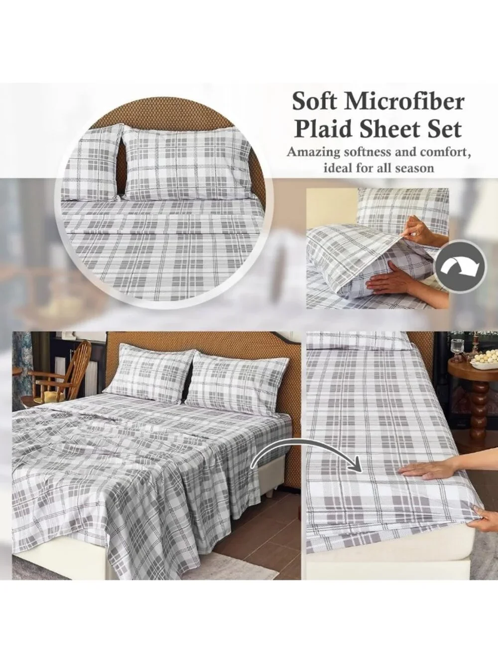 Cozy Plaid Queen Sheet Set, 4-Piece Ultra Soft Cooling Bedding, 16